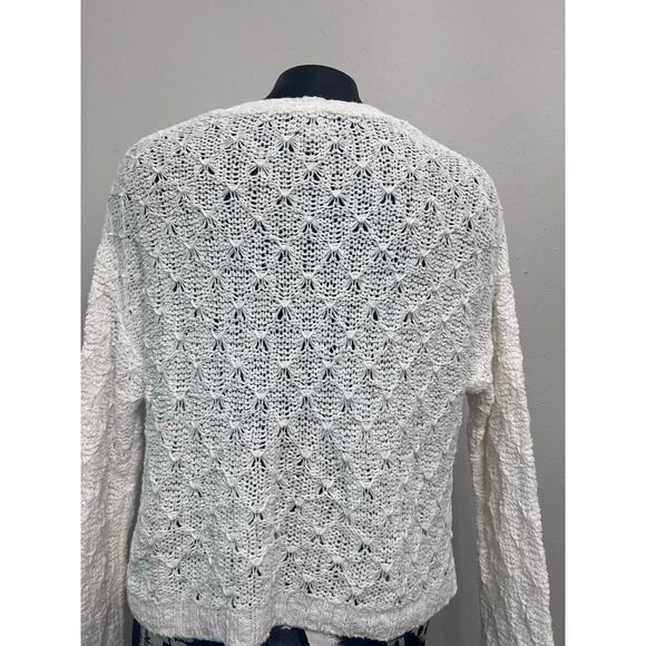 American Eagle Sweater Sz M V-Neck ButtonDown Open Weave White Cotton Acadamia - Picture 2 of 7